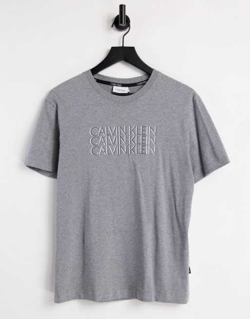 Calvin Klein - T-shirt con logo centrale triplo, colore grigio mélange medio