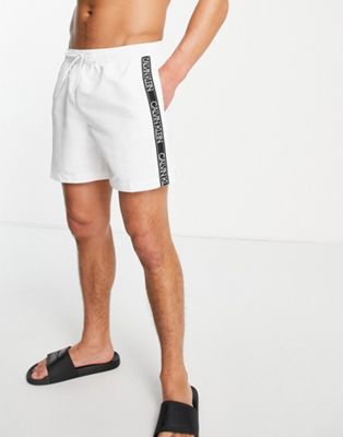 Calvin Klein tape logo mid length swim shorts in white