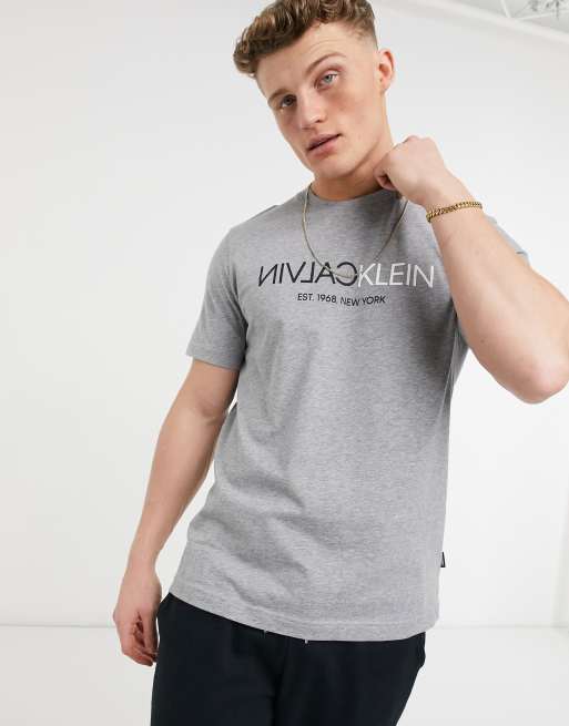 Calvin Klein text reverse chest logo t-shirt in grey | ASOS