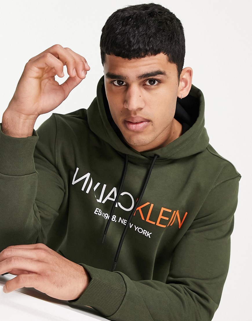 Calvin Klein text reverse front logo hoodie in khaki-Green