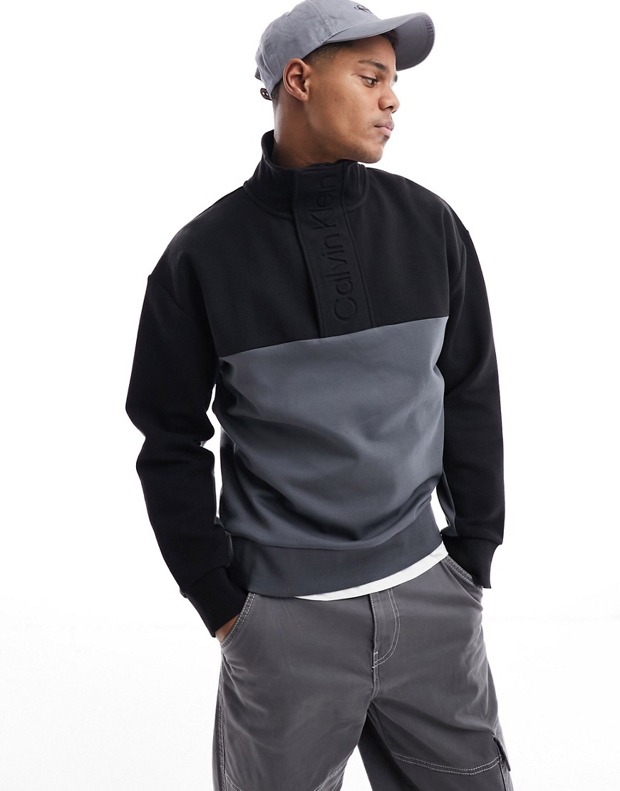 Calvin Klein textured debossed quarter zip sweatshirt in black