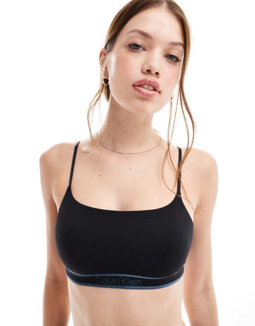 Calvin Klein Tonal Logo Cotton lightly lined scoop bralette with logo band in black ASOS