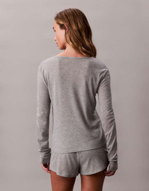 Calvin Klein - Top del pigiama serafino a maniche lunghe grigio a nido d'ape, 2 di 4