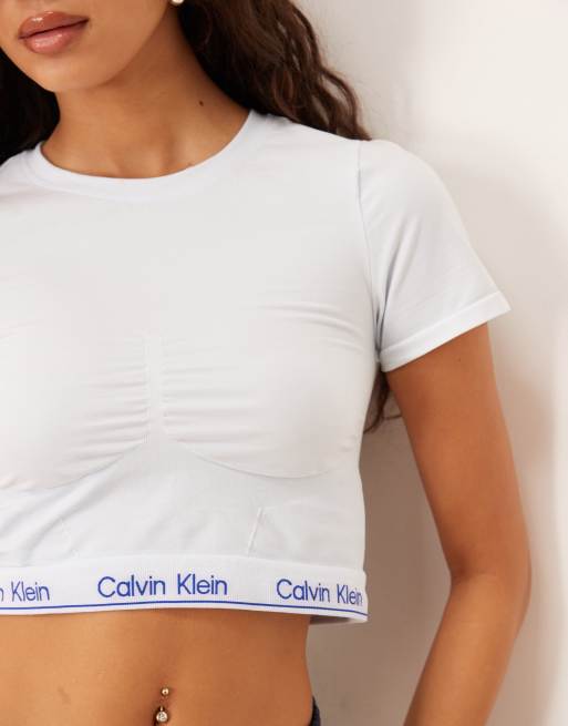 Calvin Klein - Top modellante a maniche corte blu ghiaccio, 2 di 4
