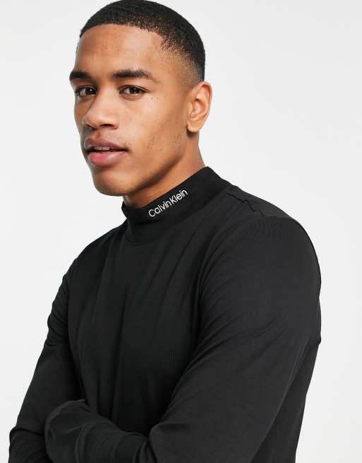 Calvin Klein - Top slim elasticizzato accollato a maniche lunghe nero con logo