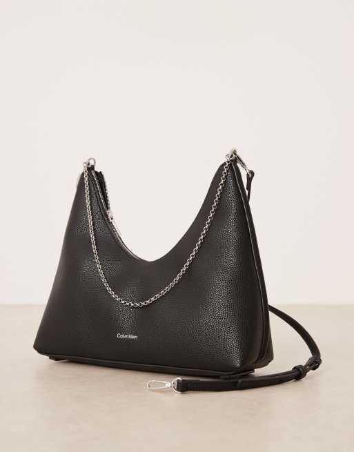 Calvin Klein top zip shoulder bag with silver chain and strap in black, 2 of 4