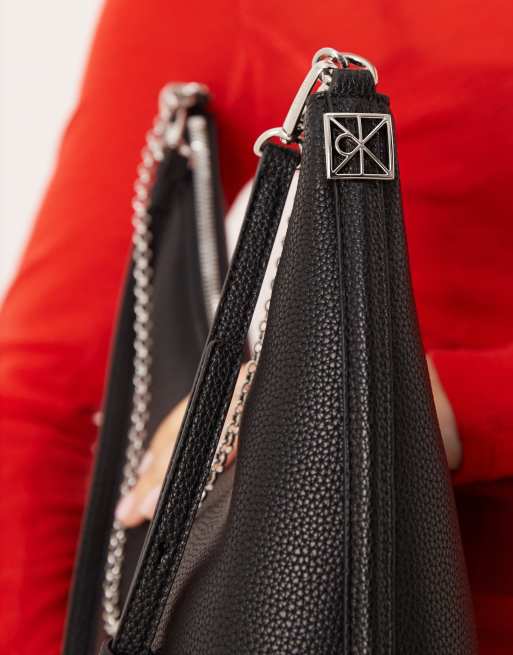 Calvin Klein top zip shoulder bag with silver chain and strap in black, 4 of 4