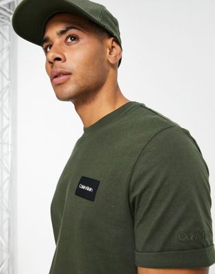 Calvin Klein turn-up sleeve badge logo t-shirt in green