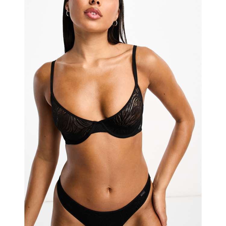 Hunkemoller Domenica non-padded leaf mesh demi bra in black