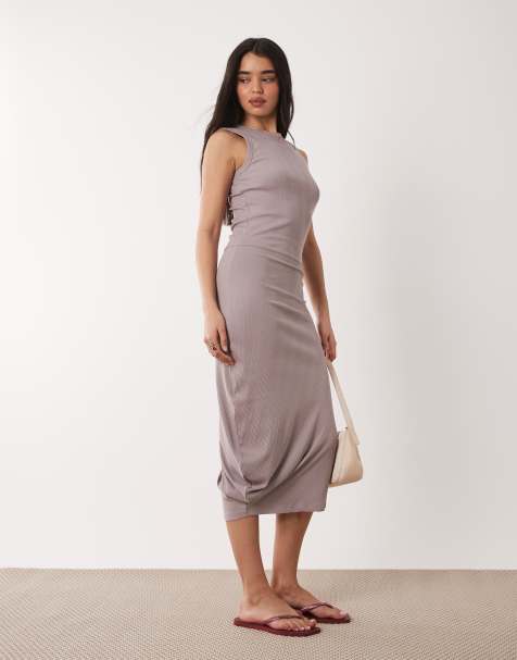 Calvin Klein variegated rib asymmetric draped dress in taupe - view 1