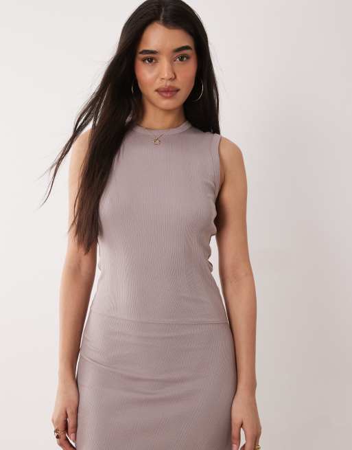 Calvin Klein variegated rib asymmetric draped dress in taupe, 2 of 4