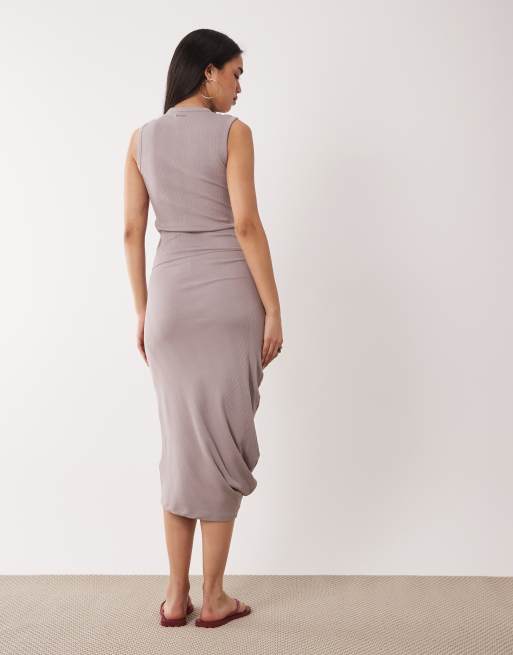 Calvin Klein variegated rib asymmetric draped dress in taupe, 4 of 4