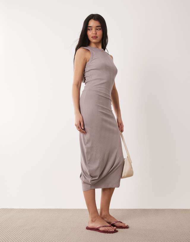 Calvin Klein variegated rib knit asymmetric draped dress in taupe-White