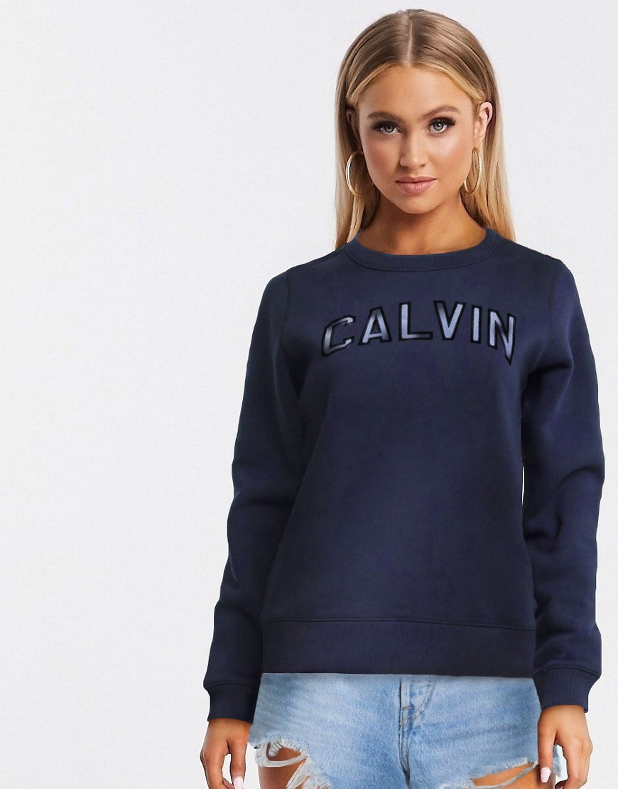 Calvin Klein varsity calvin slogan crew neck jumper in navy-Black