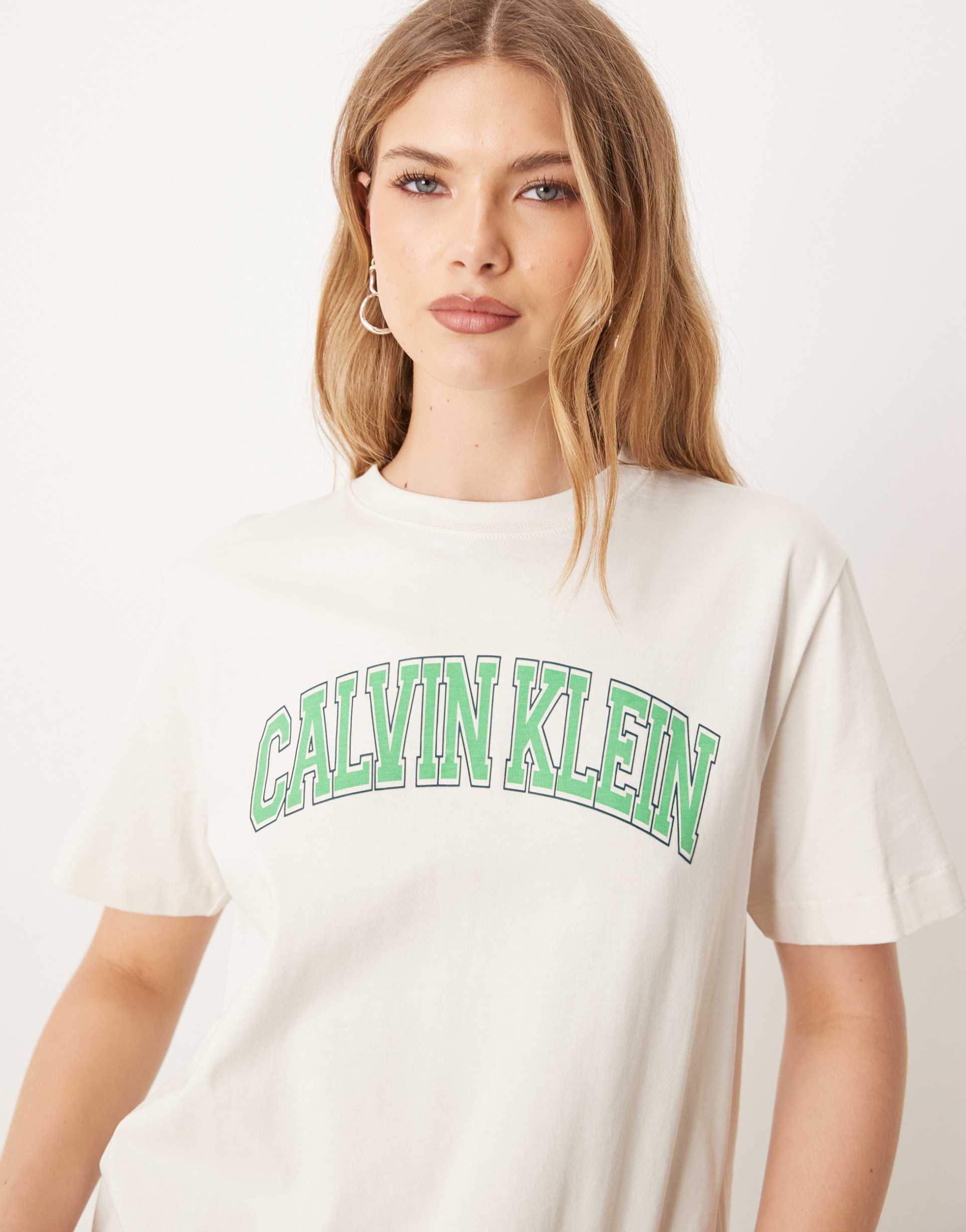 calvin klein varsity logo t-shirt in ecru and mint green