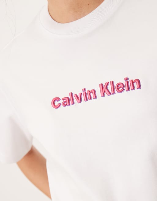 Calvin Klein – Vit och rosa t-shirt med broderad logga, 2 av 4