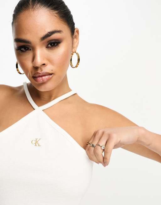 Calvin Klein waffle halter mini dress in white | ASOS