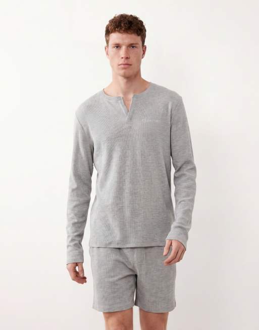 Calvin Klein Waffle loungewear henley top and shorts set in grey, 2 of 3