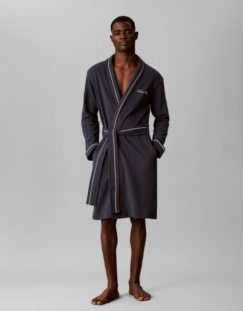 Calvin Klein waffle robe with contrast piping in navy blue - view 1