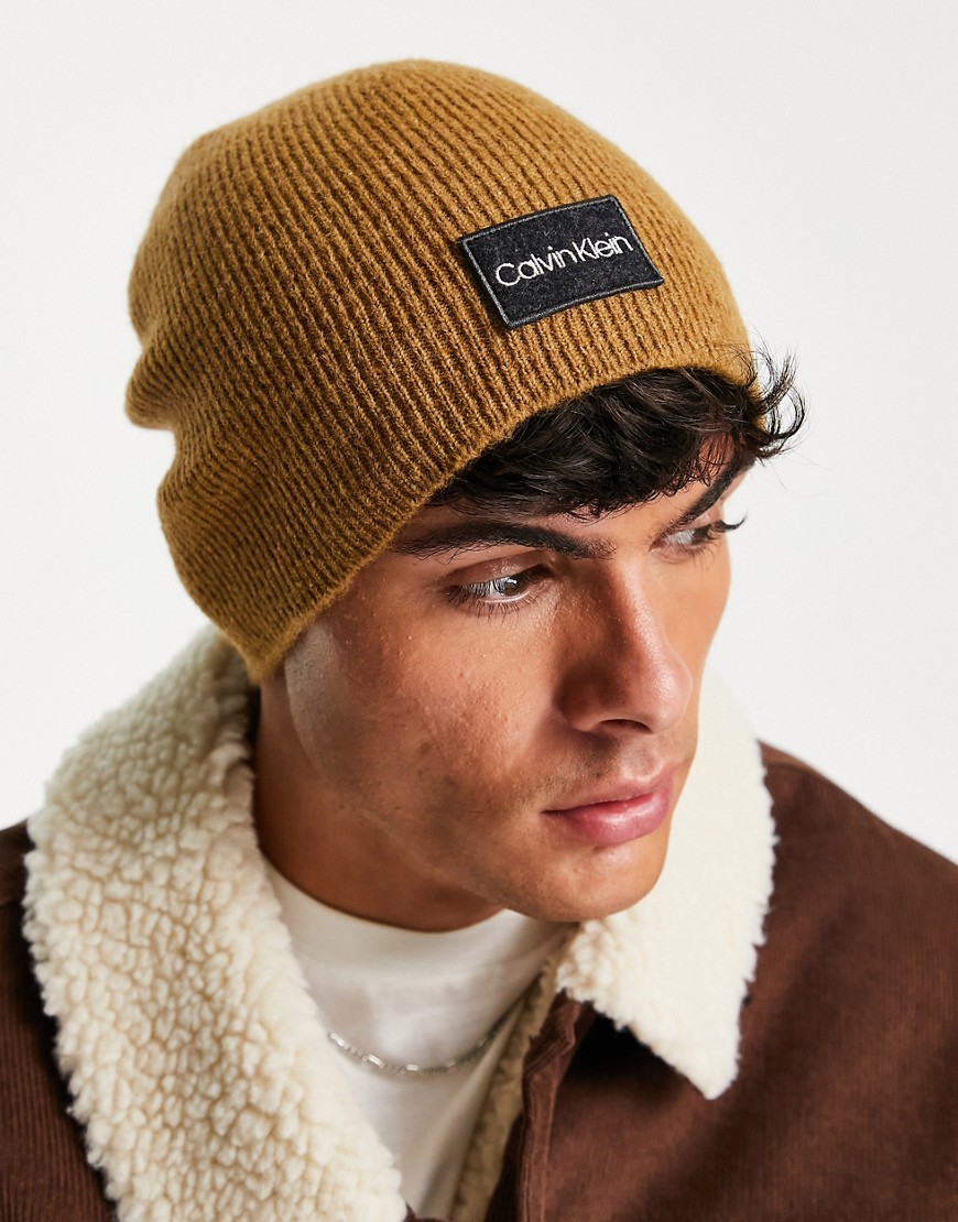 Calvin Klein wool beanie hat in tan-Brown