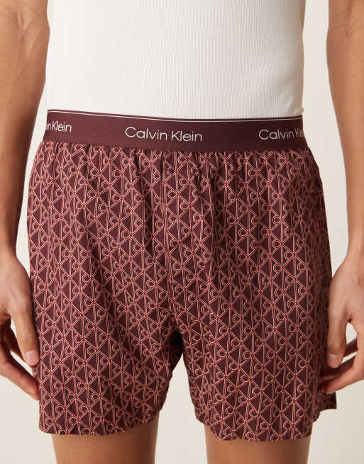 Calvin Klein woven boxer logo print pyjama shorts in burgundy, 3 of 4