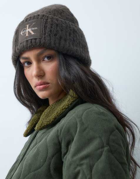 Calvin Klein woven label brushed chunky rib beanie in chocolate brown - view 1