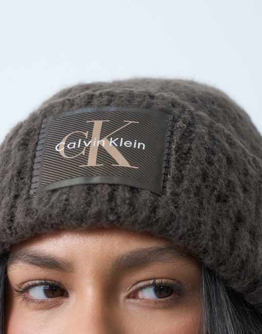 Calvin Klein woven label brushed chunky rib beanie in chocolate brown, 2 of 3