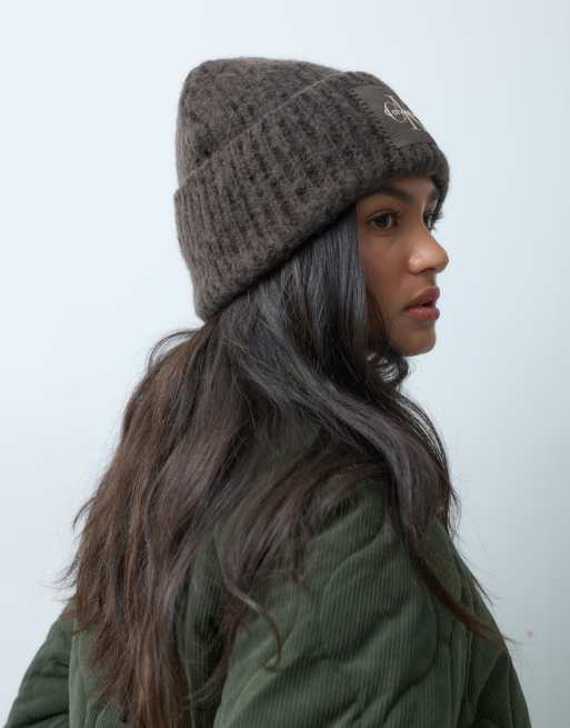 Calvin Klein woven label brushed chunky rib beanie in chocolate brown, 3 of 3