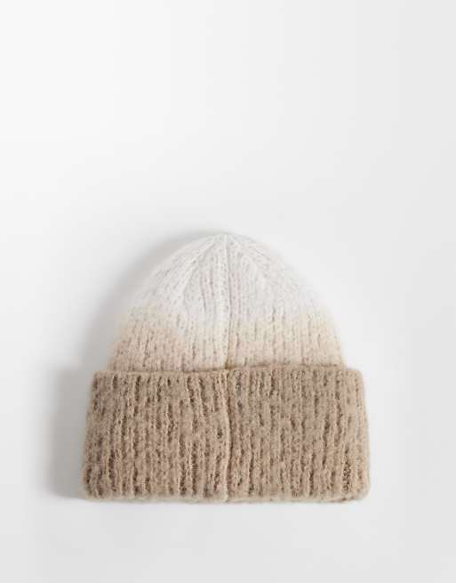 Calvin Klein woven label brushed chunky rib knit beanie in beige and cream, 2 of 3