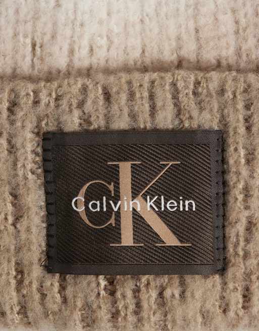 Calvin Klein woven label brushed chunky rib knit beanie in beige and cream, 3 of 3