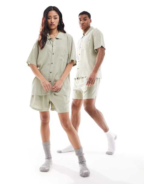 Calvin Klein woven sleep shirt and shorts set in beige grey - view 1
