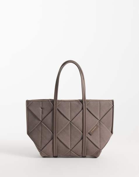 Calvin Klein woven suede mini tote bag with crossbody strap in taupe - view 1