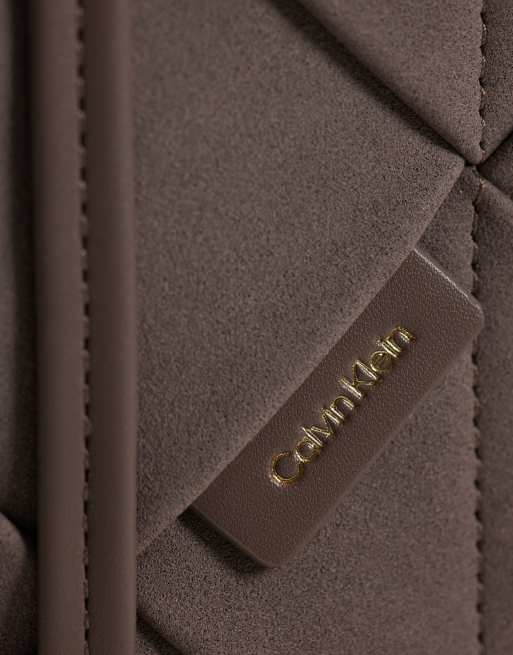 Calvin Klein woven suede mini tote bag with crossbody strap in taupe, 3 of 4