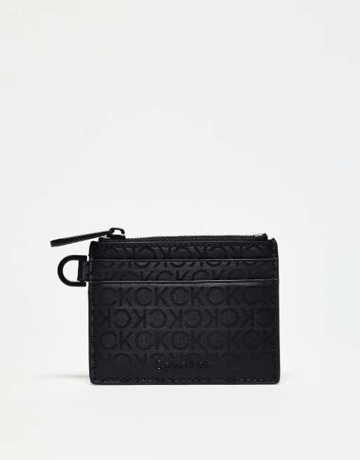 Calvin Klein – Zapinane na suwak czarne etui na monety i karty w monogramowy wzór