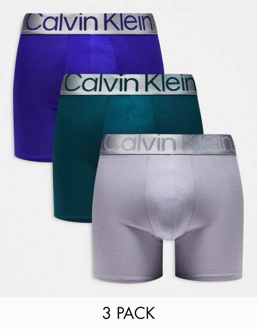 Calvin Klein – Zestaw 3 par bokserek w kolorach niebieskim, szarym i morskim z gumą w kolorze stalowym