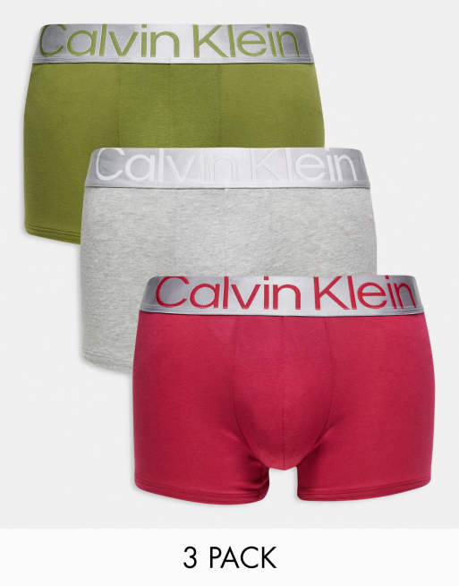 Calvin Klein – Zestaw 3 par bokserek w kolorach zielonym, szarym i różowym ze stalową gumą w pasie