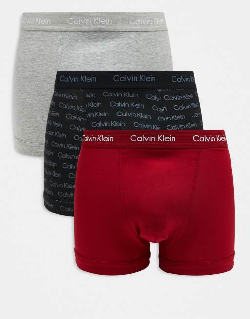 Calvin Klein – Zestaw 3 par bokserek z bawełny ze stretchem w kolorze szarym, czerwonym i we wzór z logo