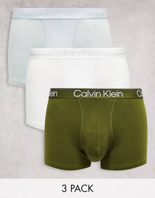 Calvin Klein – Zestaw 3 par bokserek z kontrastową taśmą w talii w kolorach khaki, białym i niebieskim