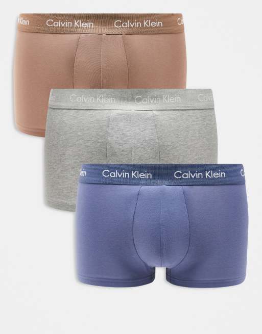 Calvin Klein – Zestaw 3 par bokserek z obniżonym stanem z bawełny ze stretchem w kolorach brązowym, niebieskim i szarym