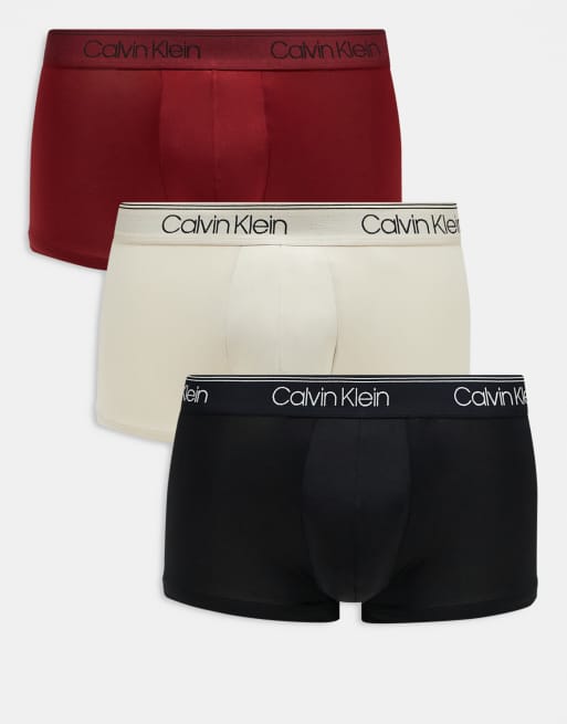 Calvin Klein – Zestaw 3 par bokserek z obniżonym stanem z elastycznej mikrofibry w kolorach czarnym, czerwonym i neutralnym
