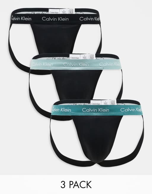 Calvin Klein – Zestaw 3 par czarnych bawełnianych slipów jock strap ze stretchem i kolorową taśmą w talii