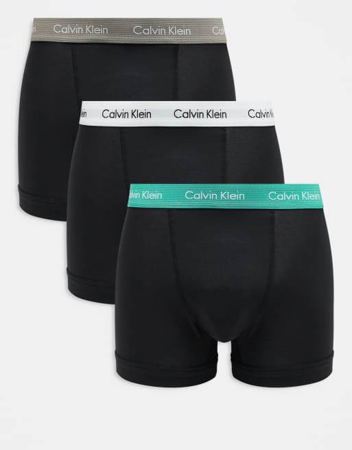 Calvin Klein – Zestaw 3 par czarnych bokserek z bawełny ze stretchem z taśmami w kolorach białym, miętowym i beżowym