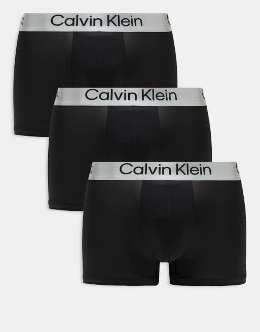 Calvin Klein – Zestaw 3 par czarnych bokserek z mikrofibry ze stretchem z szarą taśmą w talii
