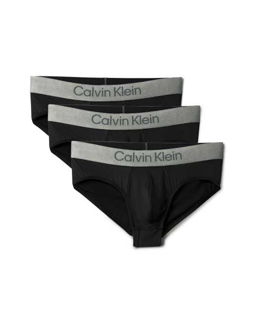 Calvin Klein – Zestaw 3 par czarnych slipek z niskim stanem z mikrofibry ze stretchem z szarą taśmą w talii