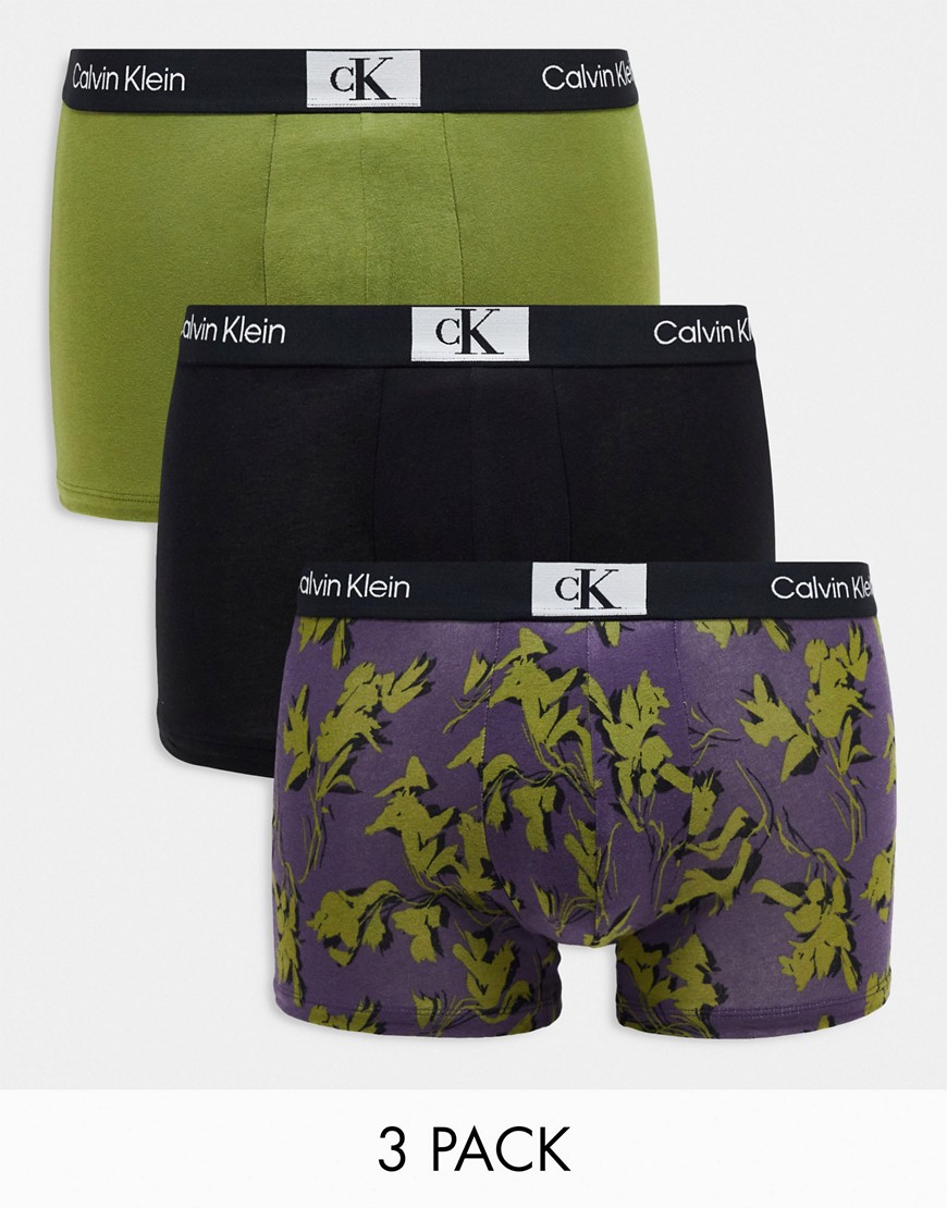 Calvin Kleion CK 96 3-pack trunks in printed black, green and print-Multi