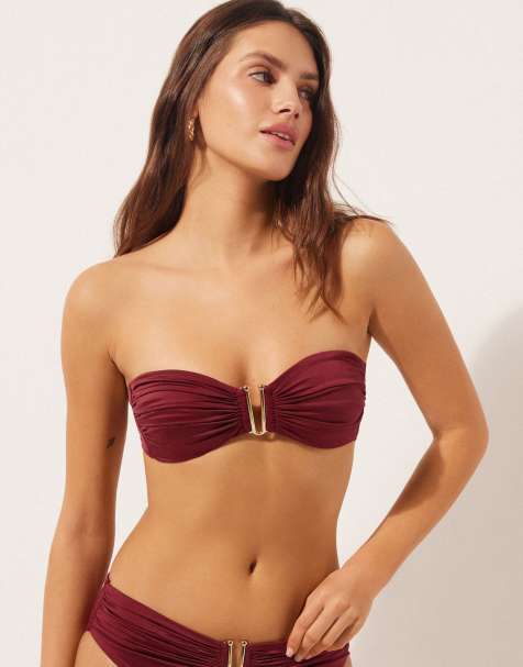 Calzedonia Bandeau bikini top shiny satin in dark red - view 1
