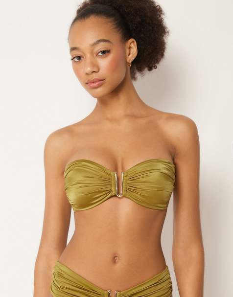 Calzedonia Bandeau bikini top shiny satin in green gold - view 1