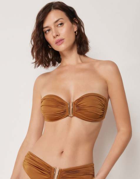 Calzedonia Bandeau bikini top shiny satin in sugar brown - view 1