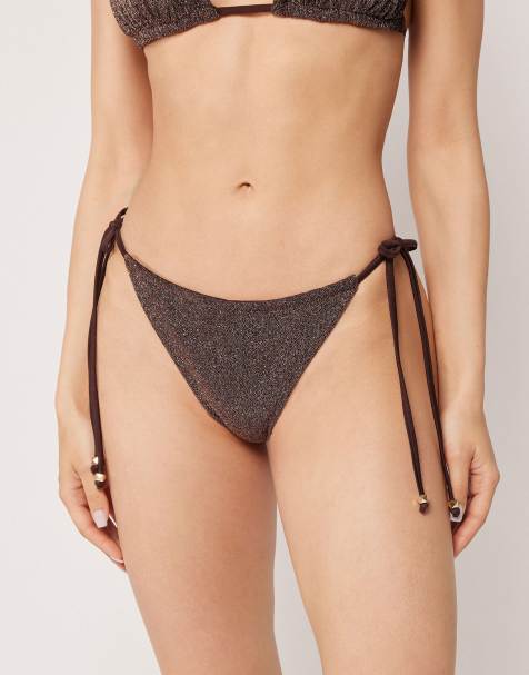 Calzedonia brown glitter tie-side bikini bottoms in brown - view 1