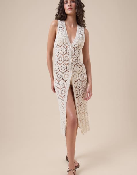 Calzedonia Crochet maxi gilet in ivory white - view 1